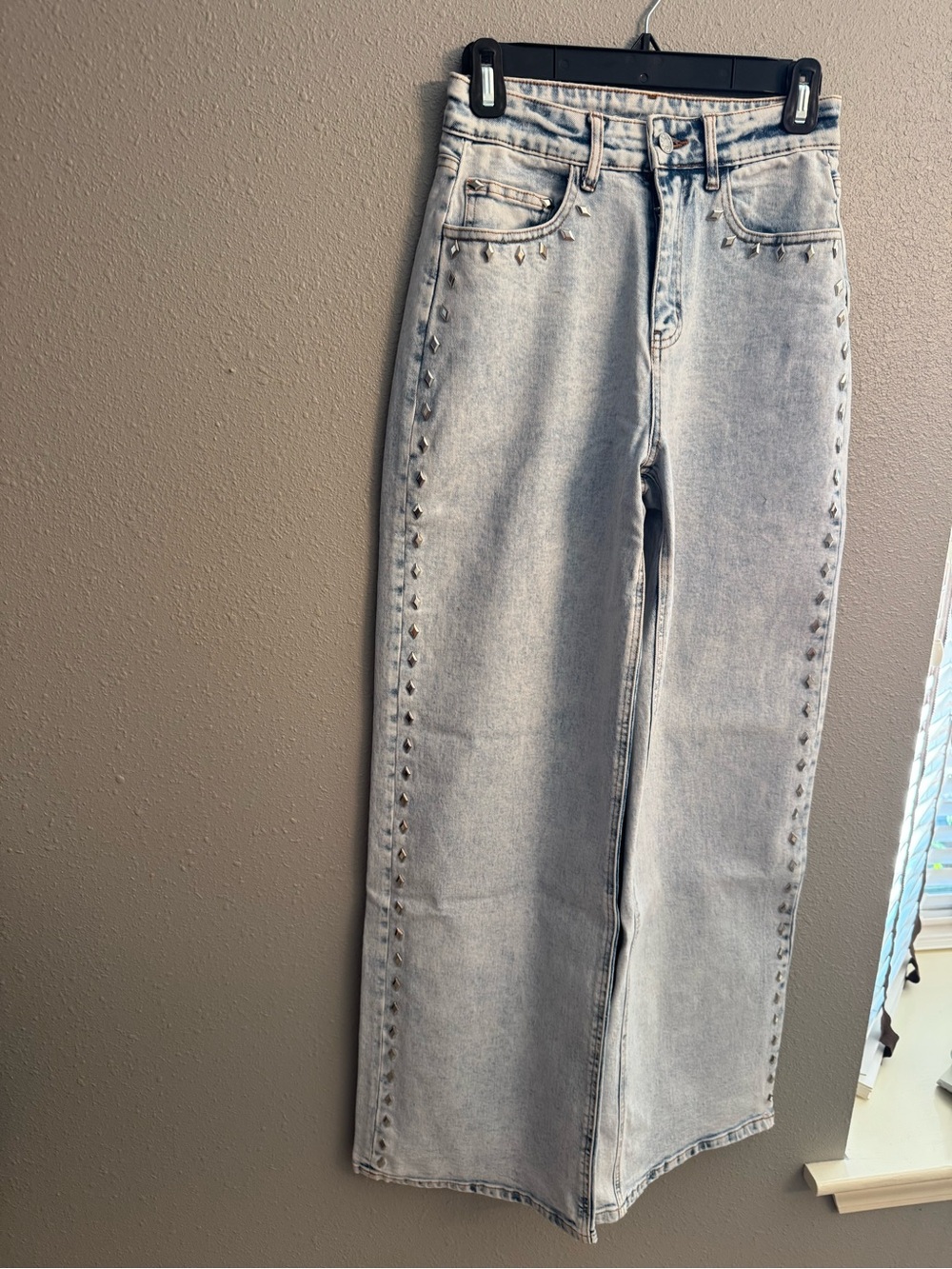 High-Rise Light Blue Studded Wide-Leg Jeans